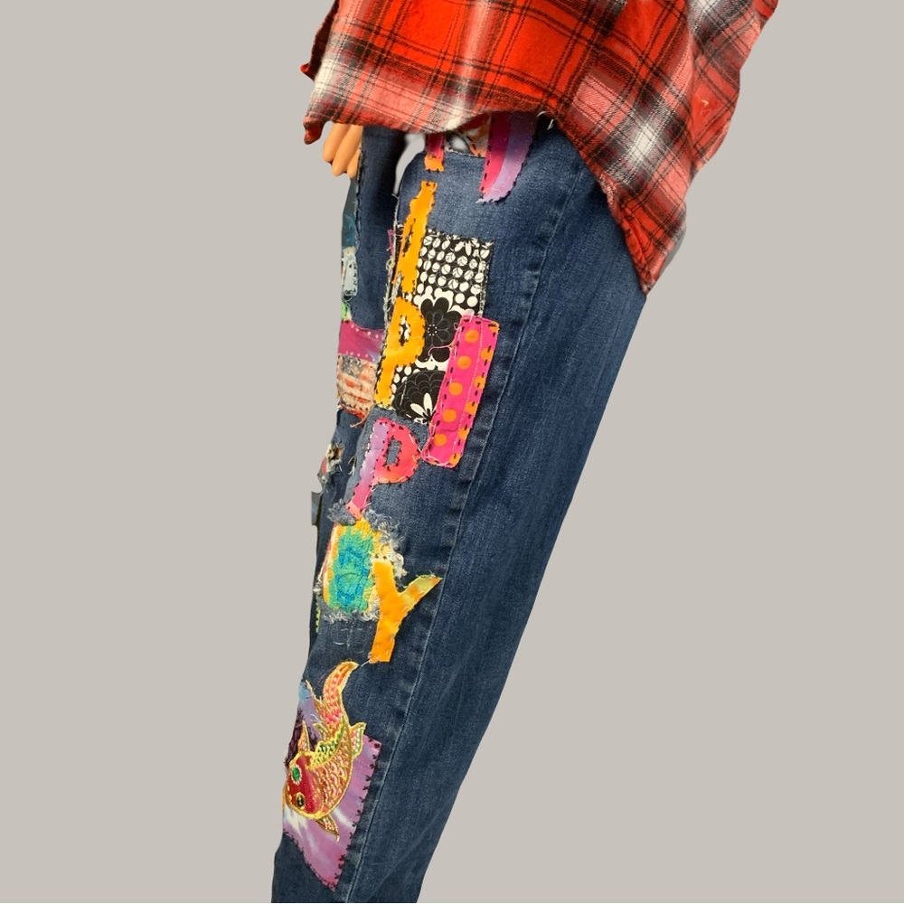 Colorful Upcycled Patchwork and Embellished Women's Denim Jean - Picture 5 of 13
